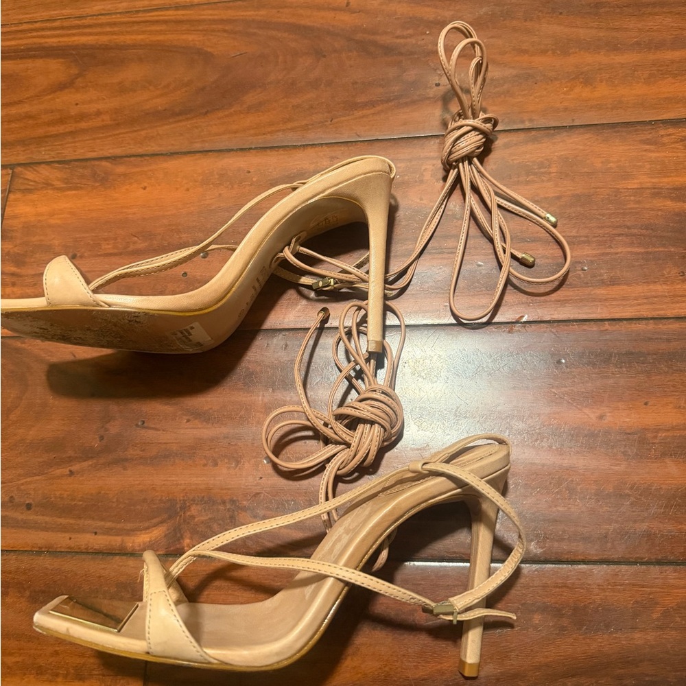 SCHUTZ Tan Lace-Up Stiletto Sandals with Wrap Ankle Ties - Picture 4 of 15